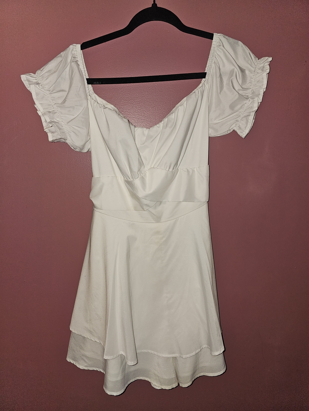 White Puff-Sleeve Mini Dress with V-Neck